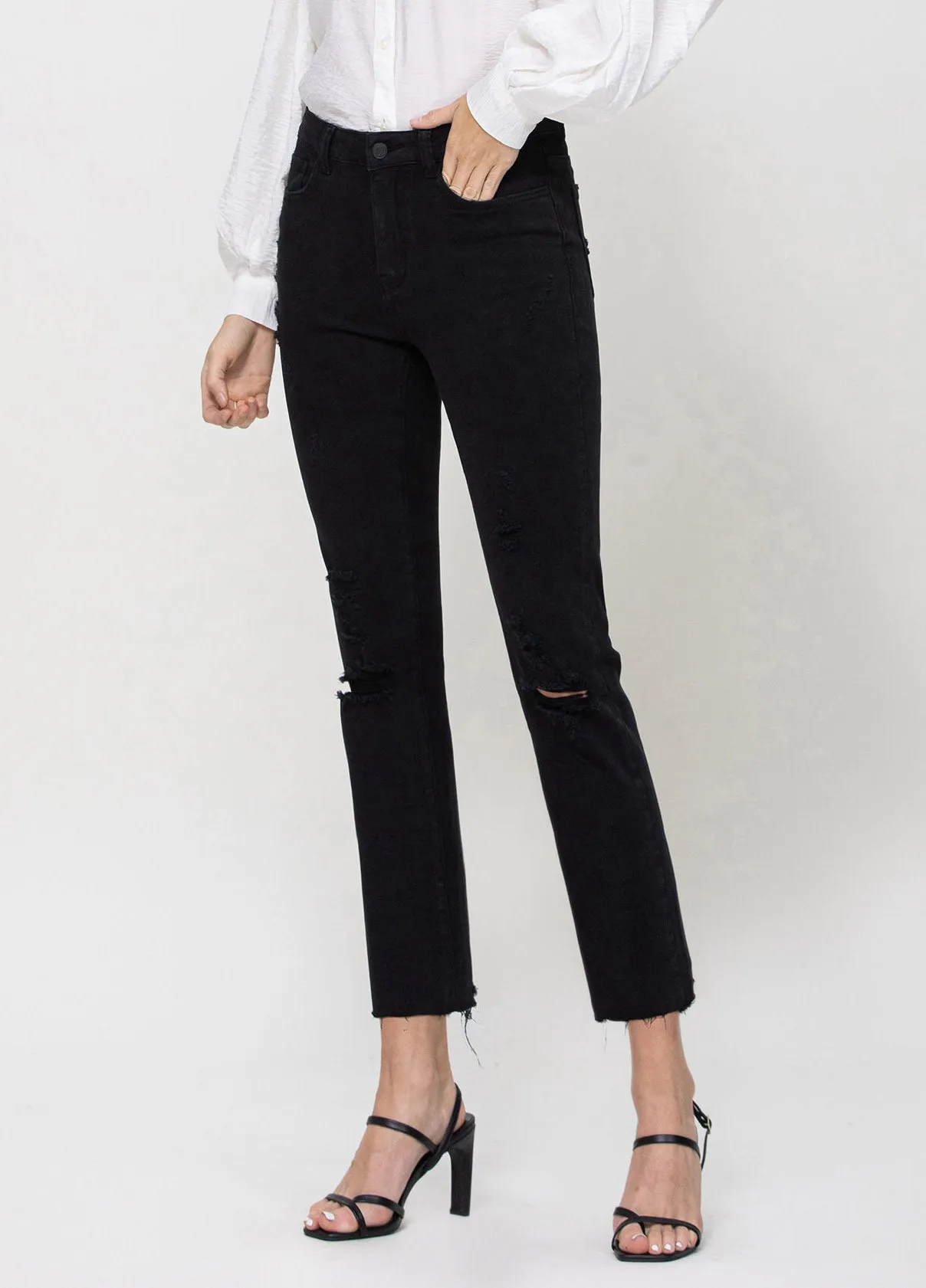 High Rise Gem Detail Crop Straight Jeans