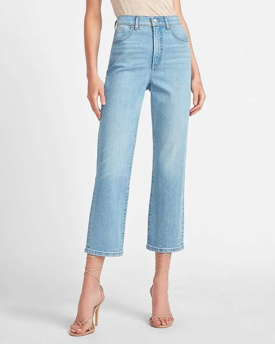 High Waisted Faded Light Wash Straight Jeans in Light Wash