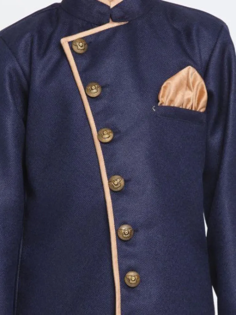 Jashvi Boy's Blue Jute Blend Sherwani Set