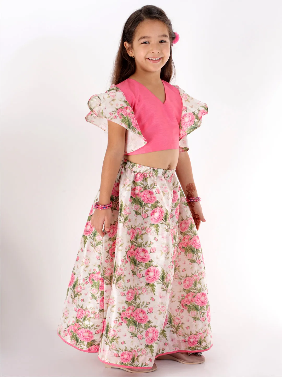 Jashvi Pink Color Silk Blend Floral Printed Siblings Set