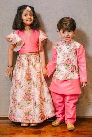 Jashvi Pink Color Silk Blend Floral Printed Siblings Set