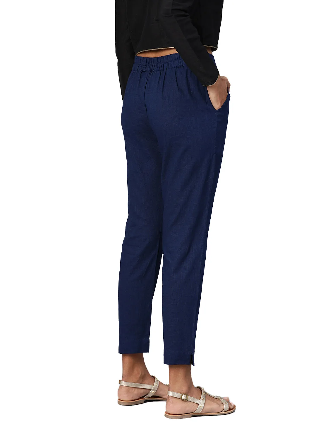 Jashvi Women Navy Blue Straight Fit Solid Regular Trousers