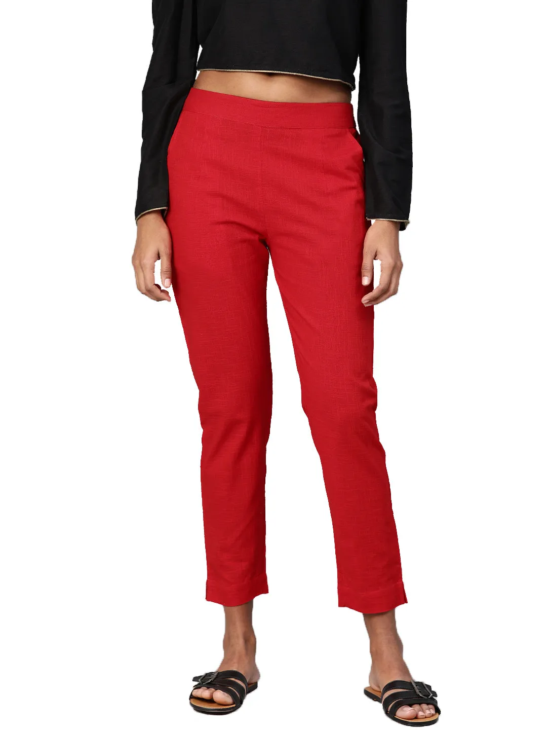 Jashvi Women Red Straight Fit Solid Regular Trousers