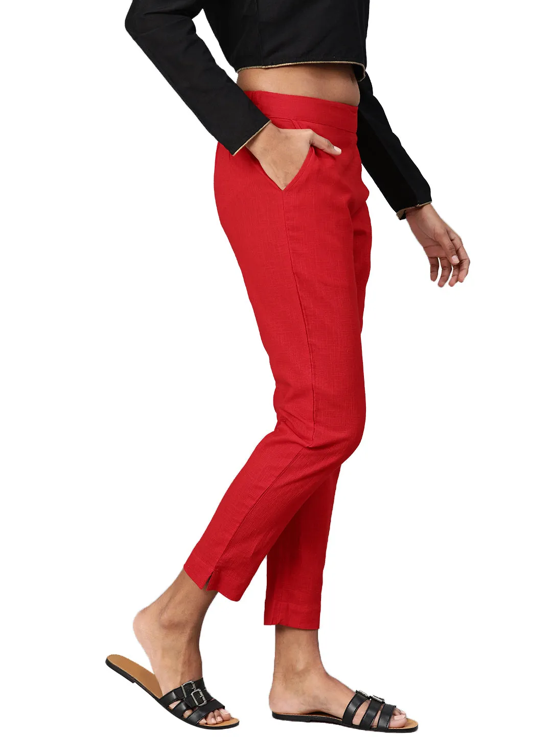 Jashvi Women Red Straight Fit Solid Regular Trousers