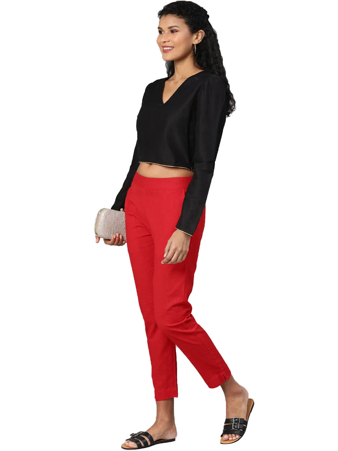 Jashvi Women Red Straight Fit Solid Regular Trousers