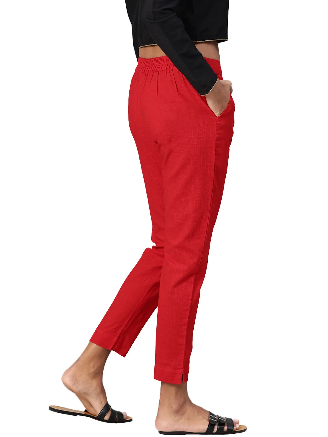 Jashvi Women Red Straight Fit Solid Regular Trousers