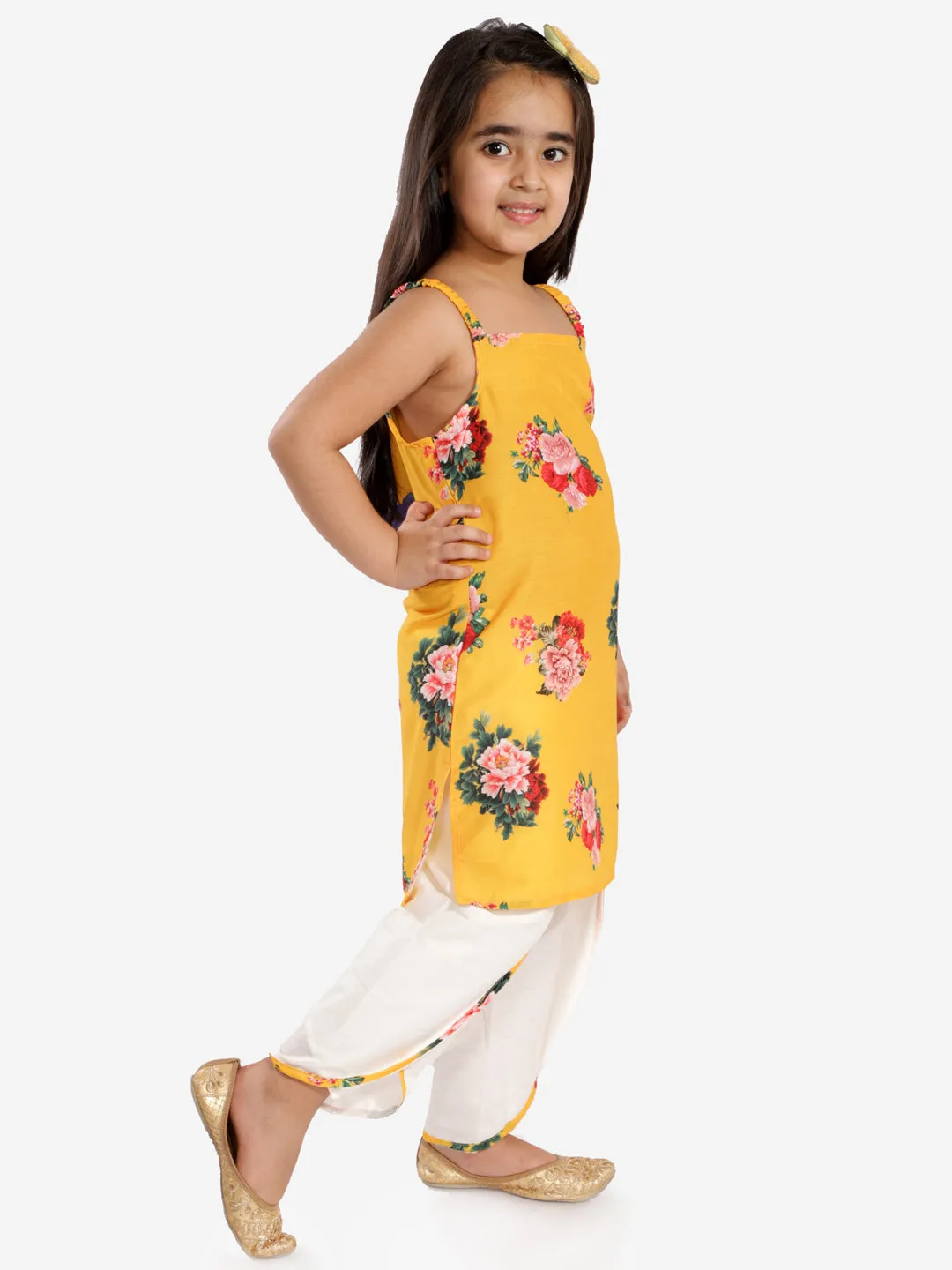 Jashvi Yellow Floral Printed Cotton Silk Siblings Set