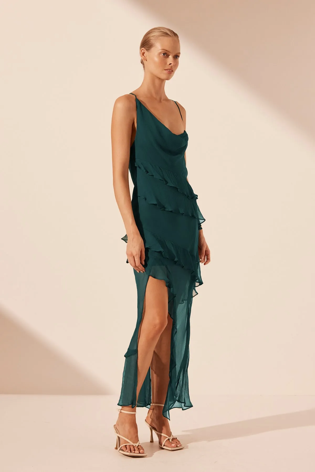 LAYLA ASYMMETRICAL RUFFLE MAXI DRESS - DARK TEAL