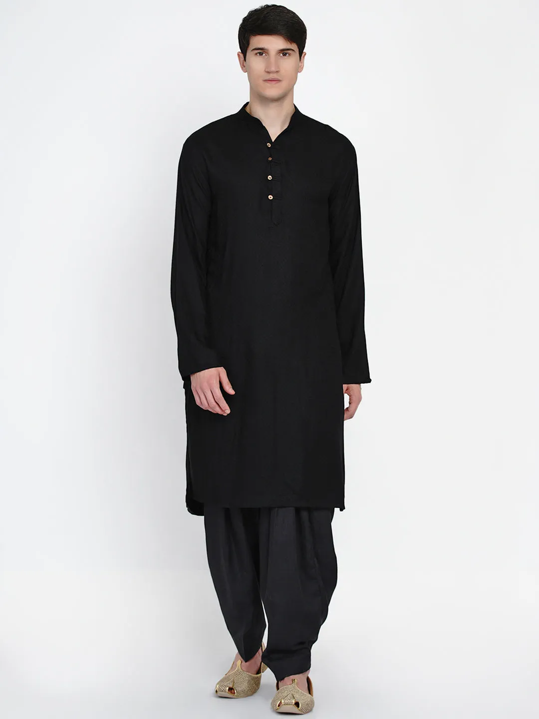 Men Black Pleated Pure Cotton Kurta with Salwar