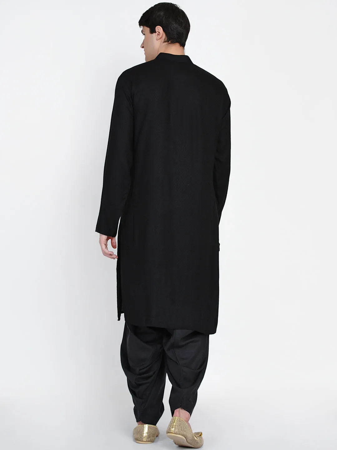 Men Black Pleated Pure Cotton Kurta with Salwar