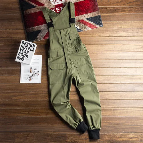 Men's British Vintage Casual Loose Army Green Jogger Bib Overalls