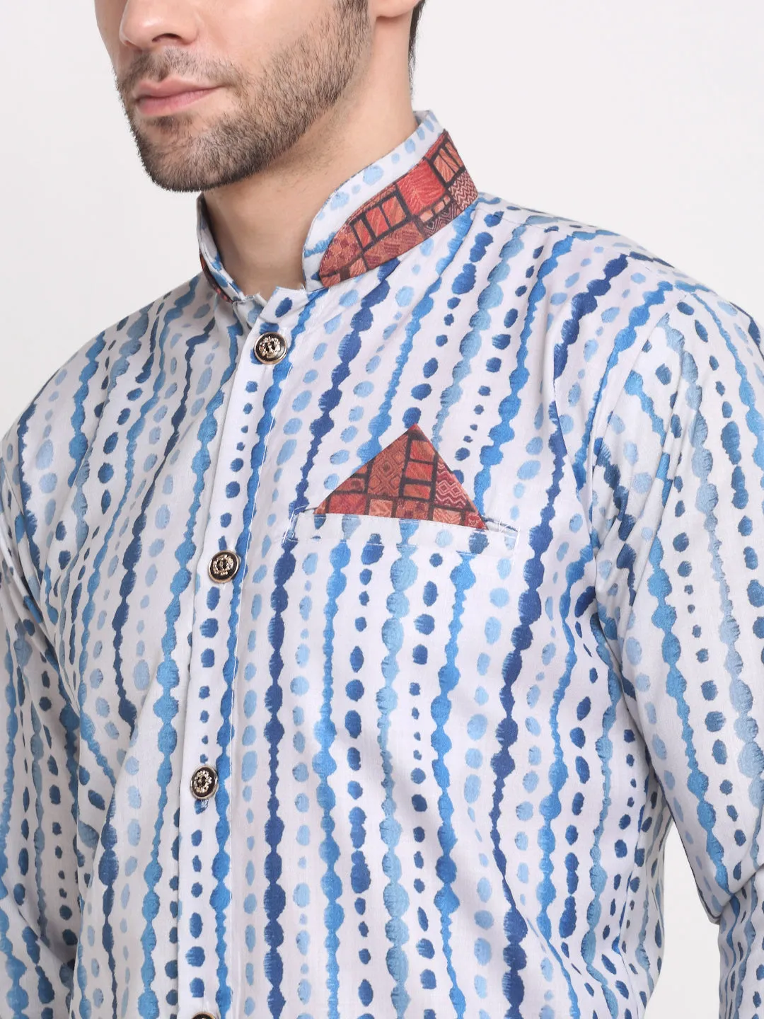 Men's White & Blue Printed Kurta With White Dhoti Pant - Benstoke