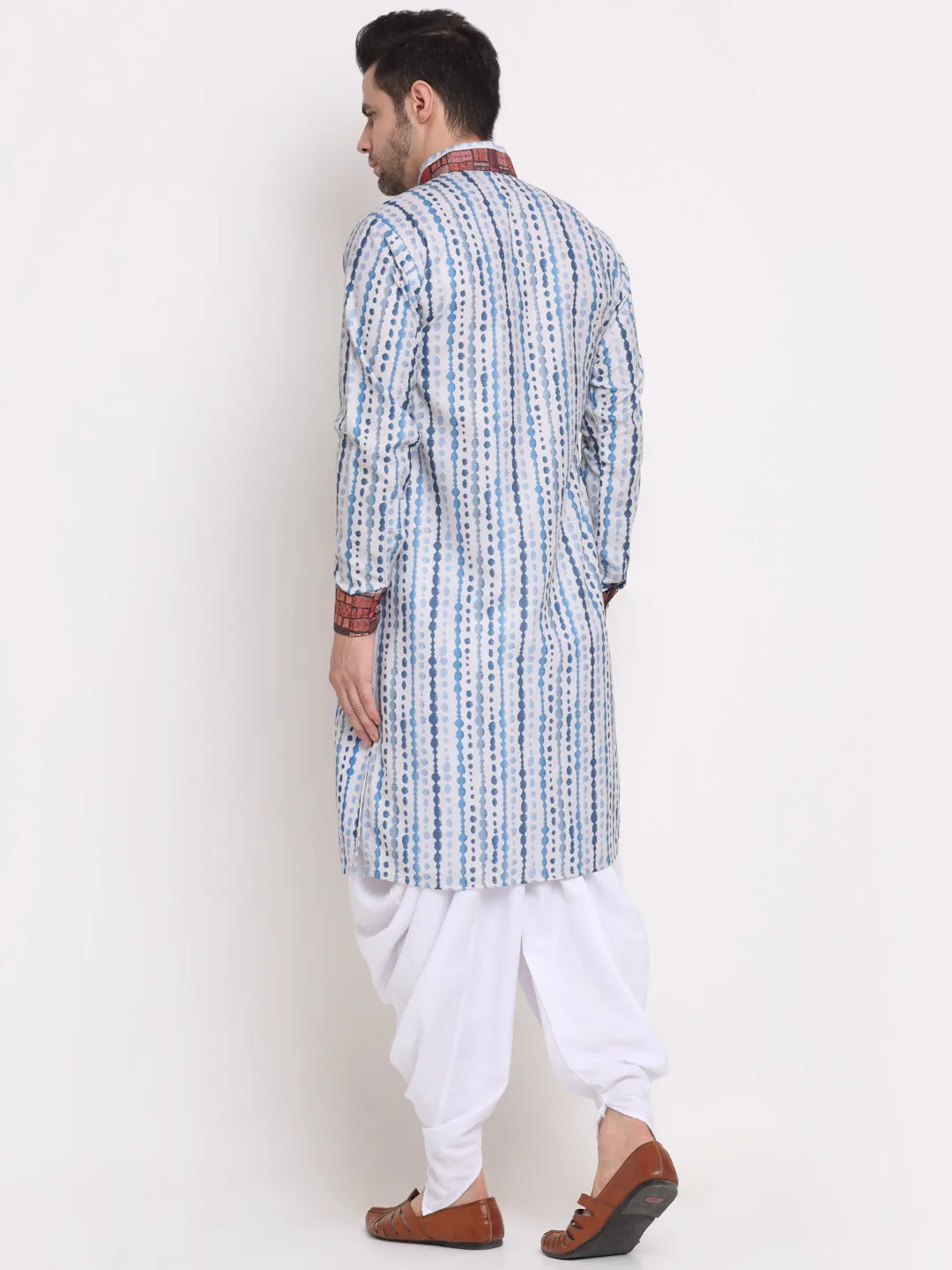 Men's White & Blue Printed Kurta With White Dhoti Pant - Benstoke