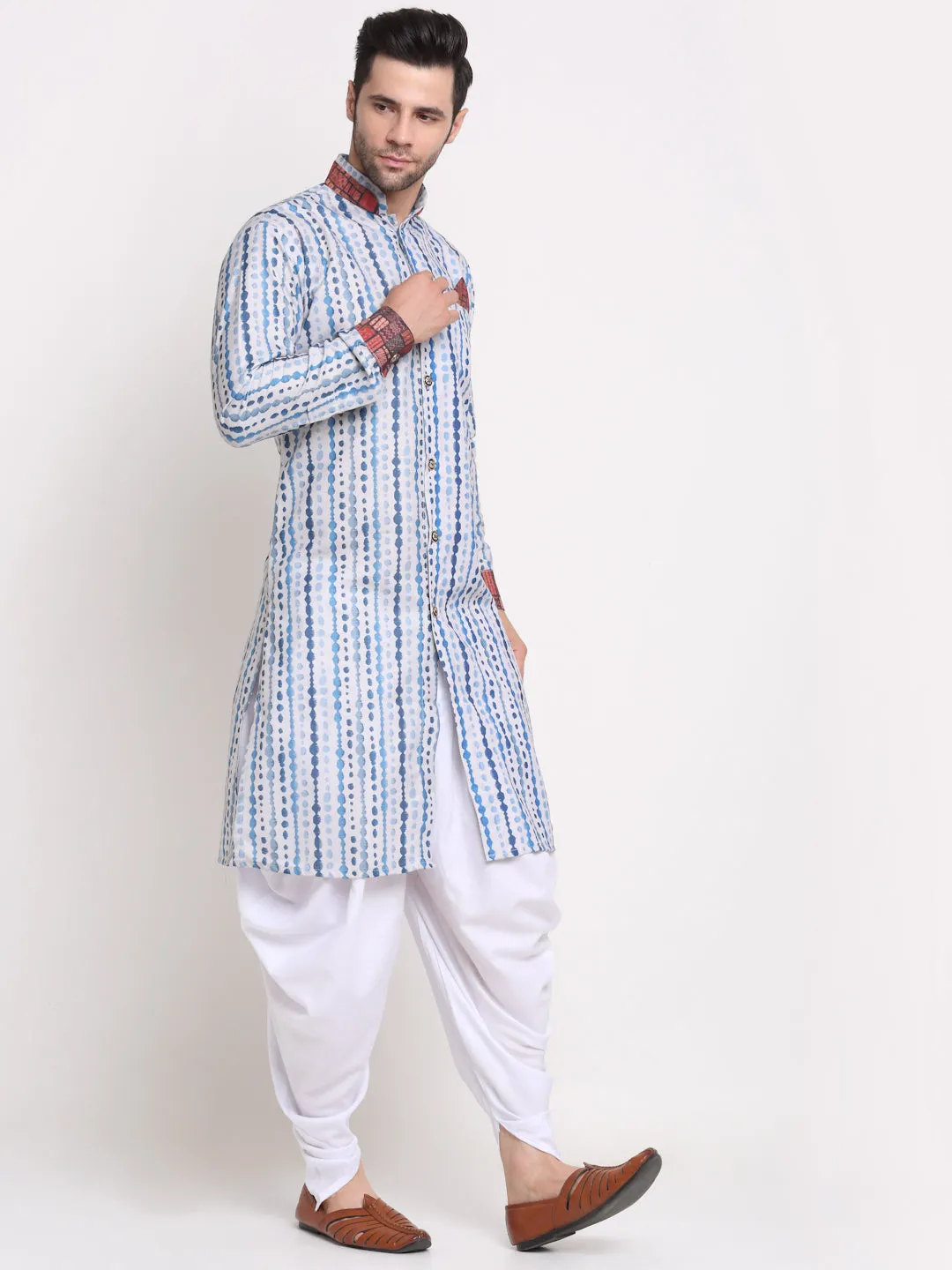 Men's White & Blue Printed Kurta With White Dhoti Pant - Benstoke