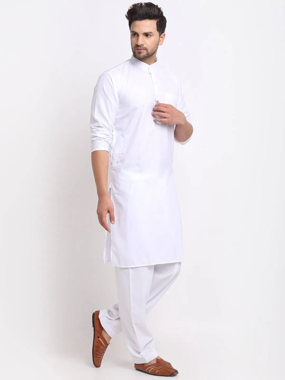 Men's White Solid Kurta With Salwar - Benstoke