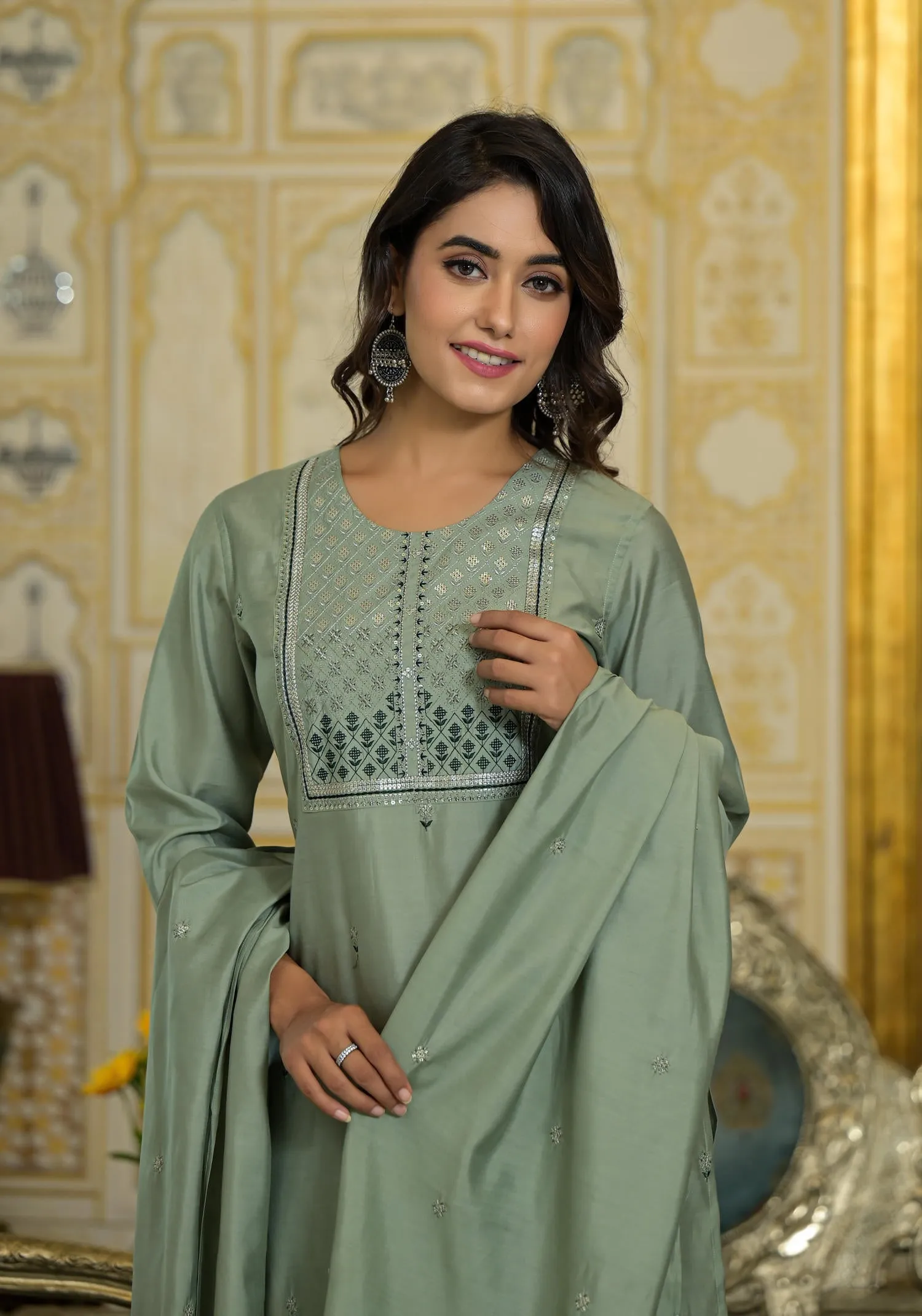 Mint Viscose Zari & Thread Embroidered Kurta Pant And Dupatta Set With Sequins