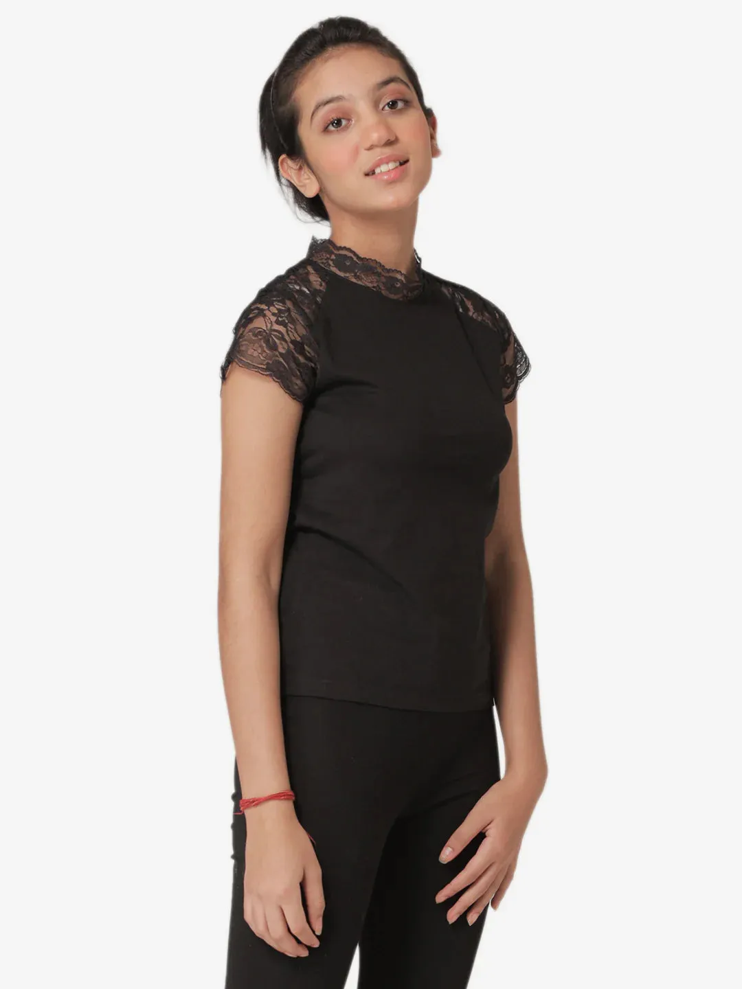 Mode By RedTape Girl's Black Round Neck T-Shirt