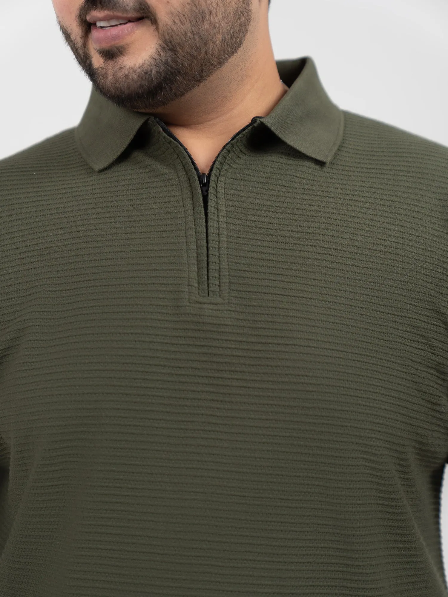 Olive Interlock Zipper Knitted Polo T-shirt