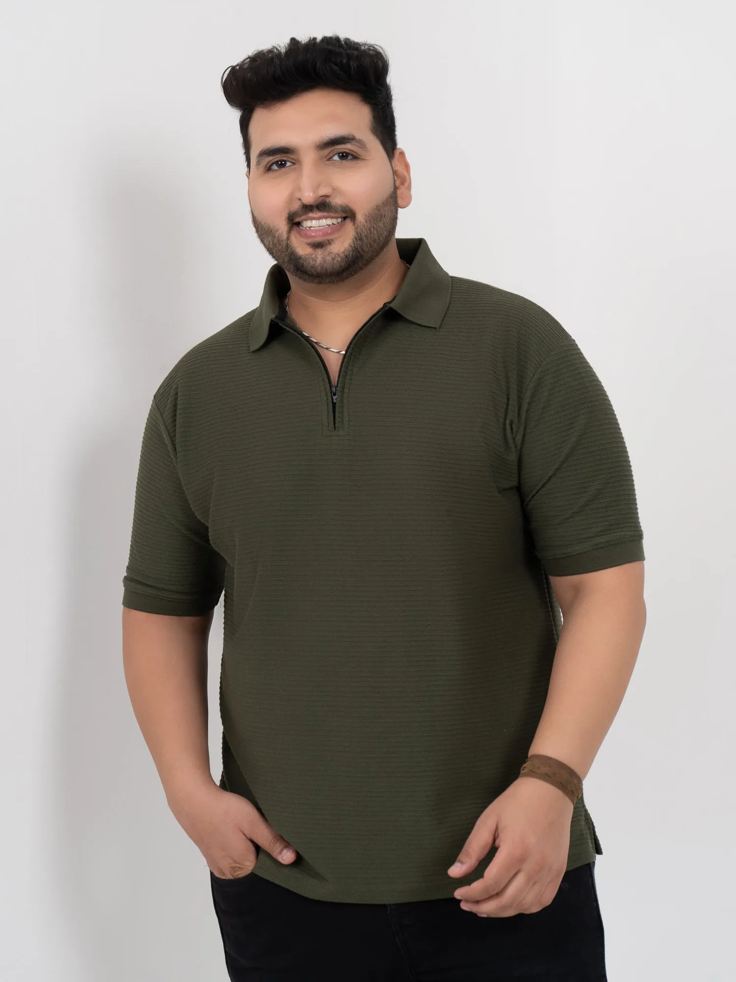 Olive Interlock Zipper Knitted Polo T-shirt