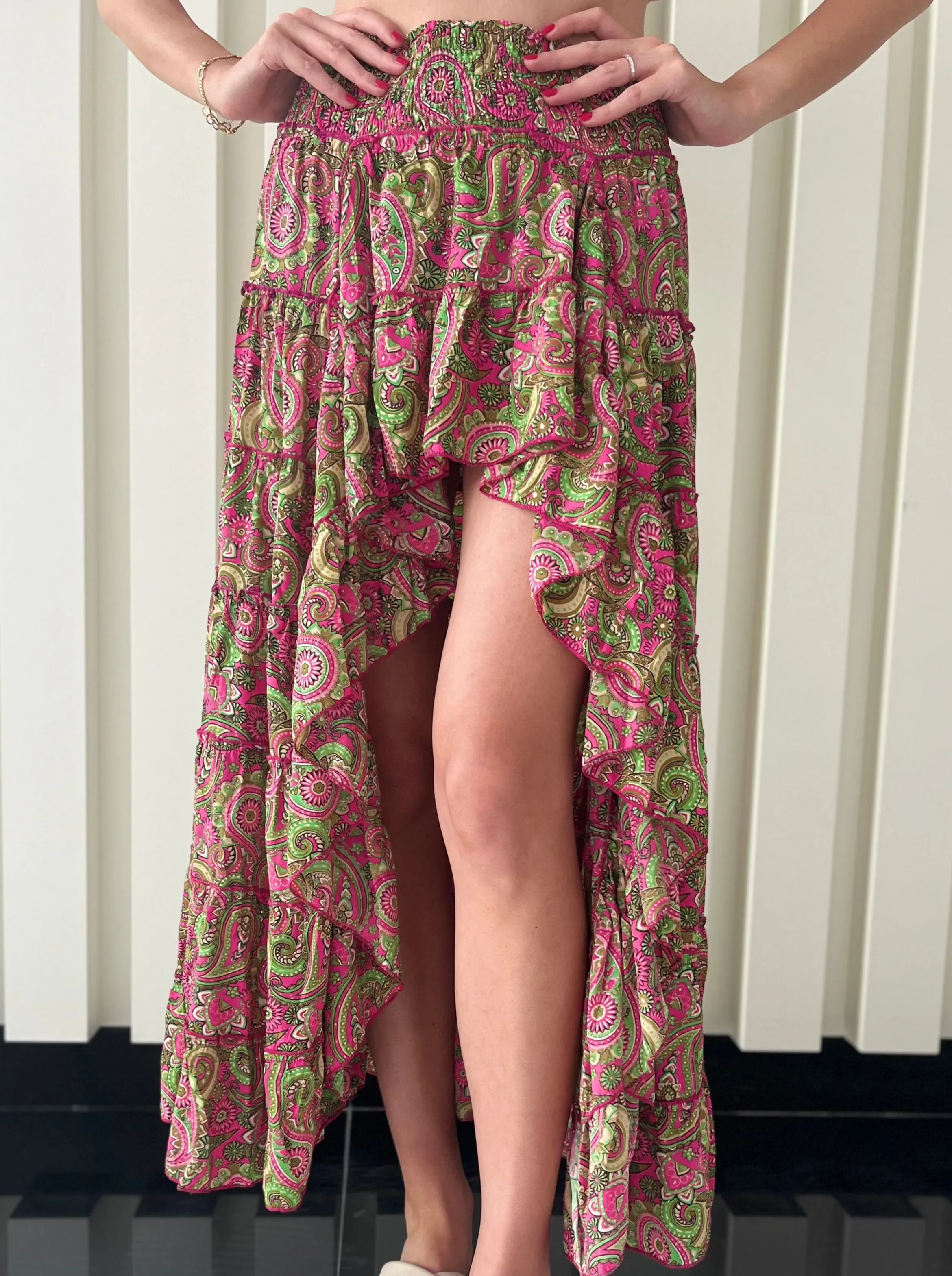 Paisley Print Summer Skirt - Pink/Green