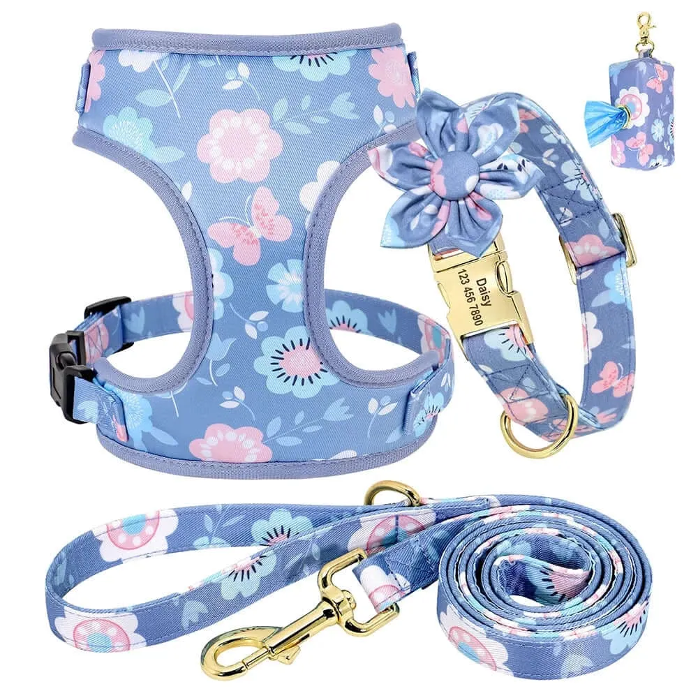 Personalized Pink or Blue Floral Daisy 4pc Dog Collar Harness Leash Set