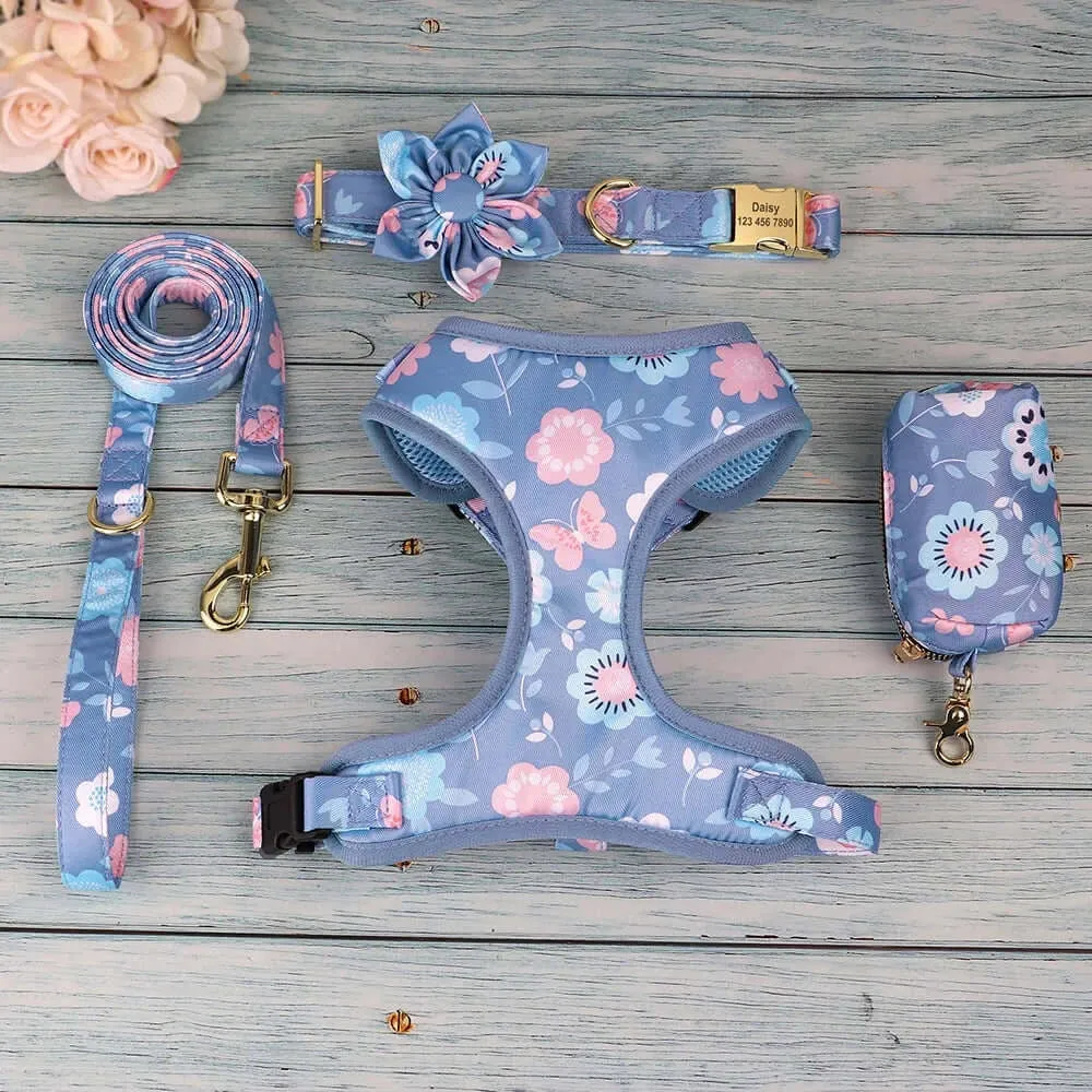 Personalized Pink or Blue Floral Daisy 4pc Dog Collar Harness Leash Set