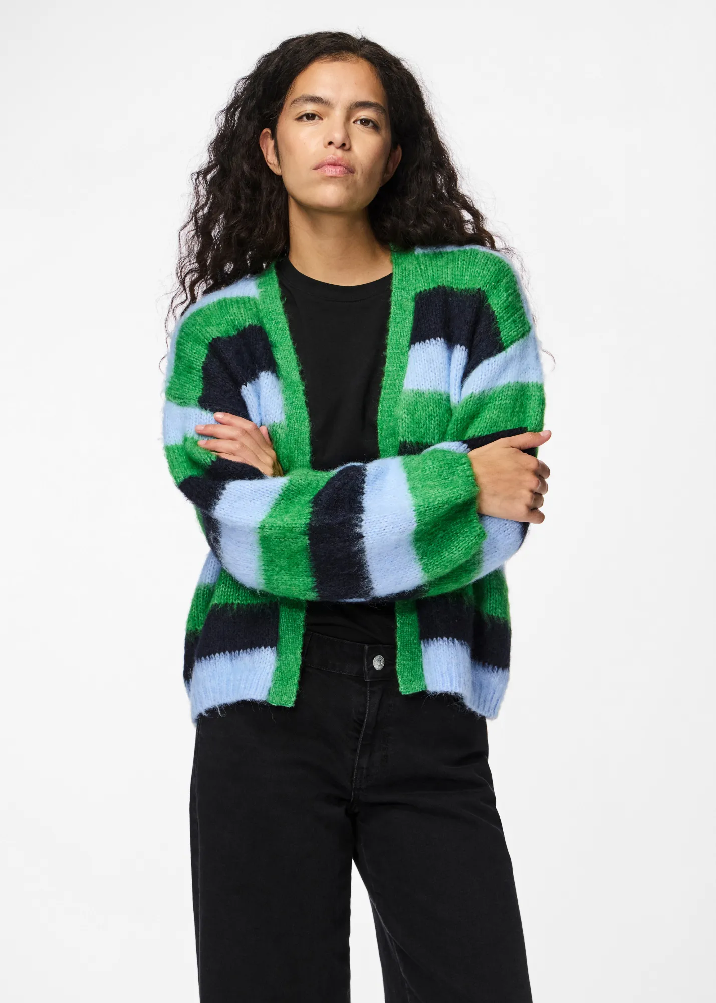 Pieces - Blue Fluffy Striped Loose Knit Cardigan