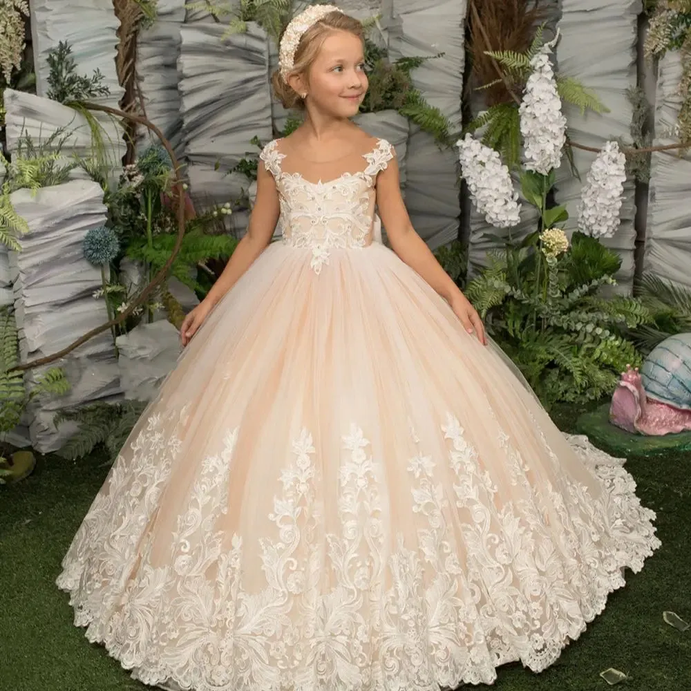 Puffy Appliques Long Bow Sleeveless Beaded Tulle Girls Dress