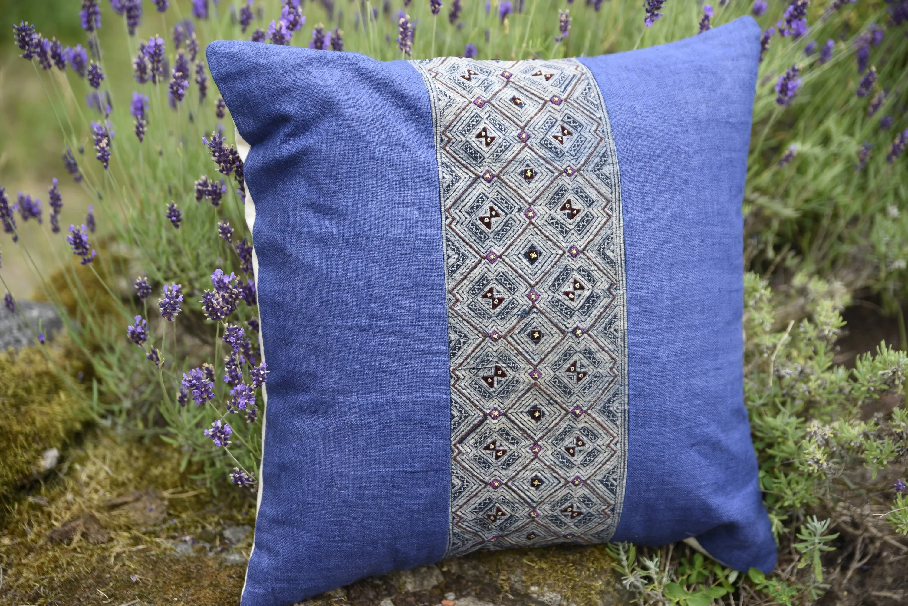 Purple Hemp Cushion Cover, H'mong vintage cloth, batik painting pattern