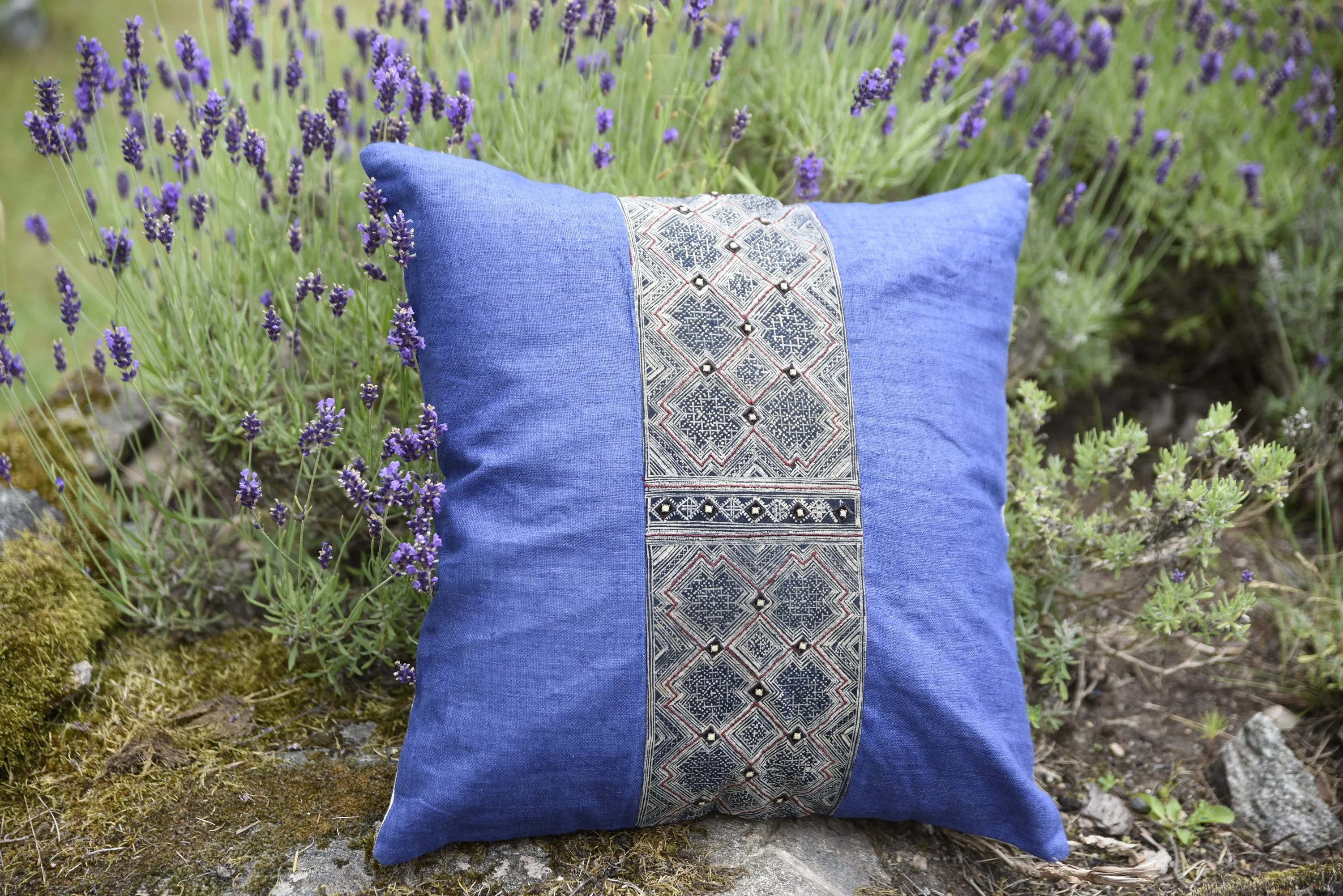 Purple Hemp Cushion Cover, H'mong vintage cloth, batik painting pattern