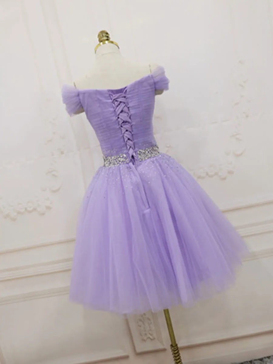 Purple Off Shoulder Tulle Sequin Prom Dress Purple Puffy Homecoming Dress