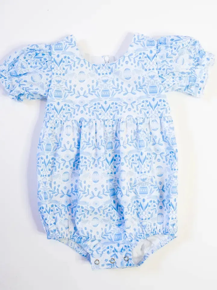 Quinn Poplin Romper in Blue Bunnies | Easter