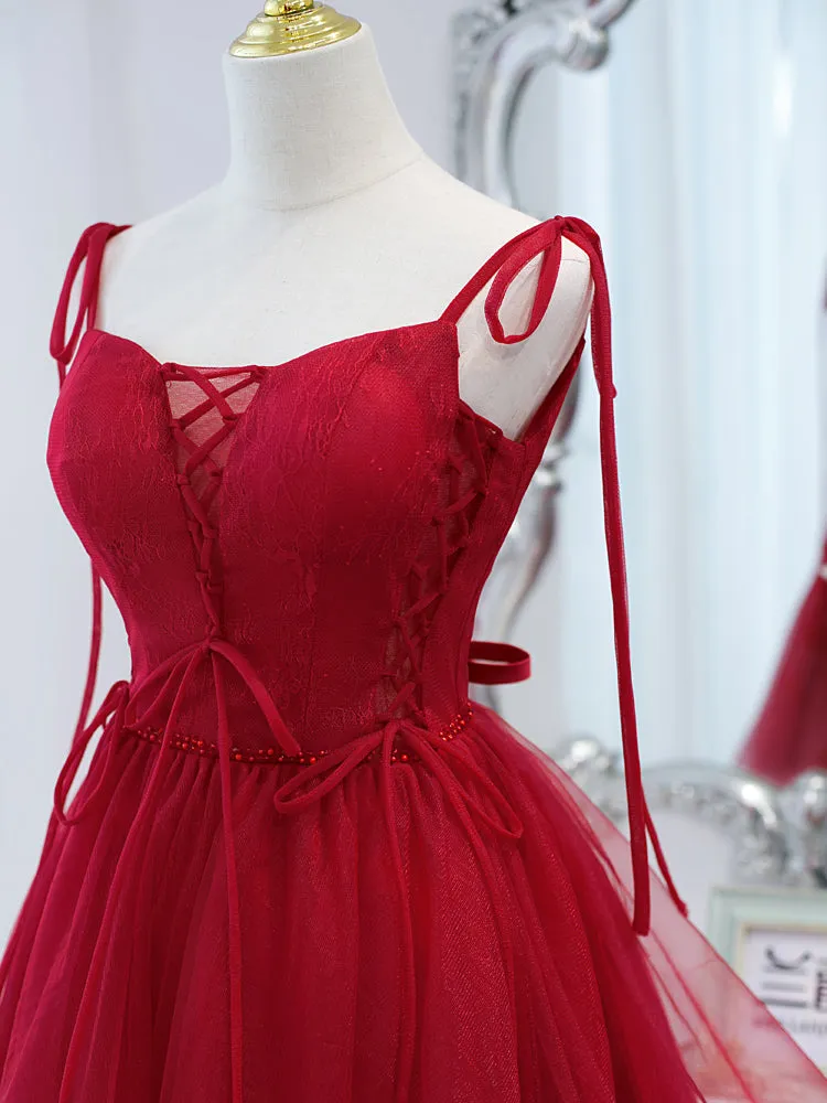 Red Tulle Lace Short Prom Dress Red Lace Puffy Homecoming Dress