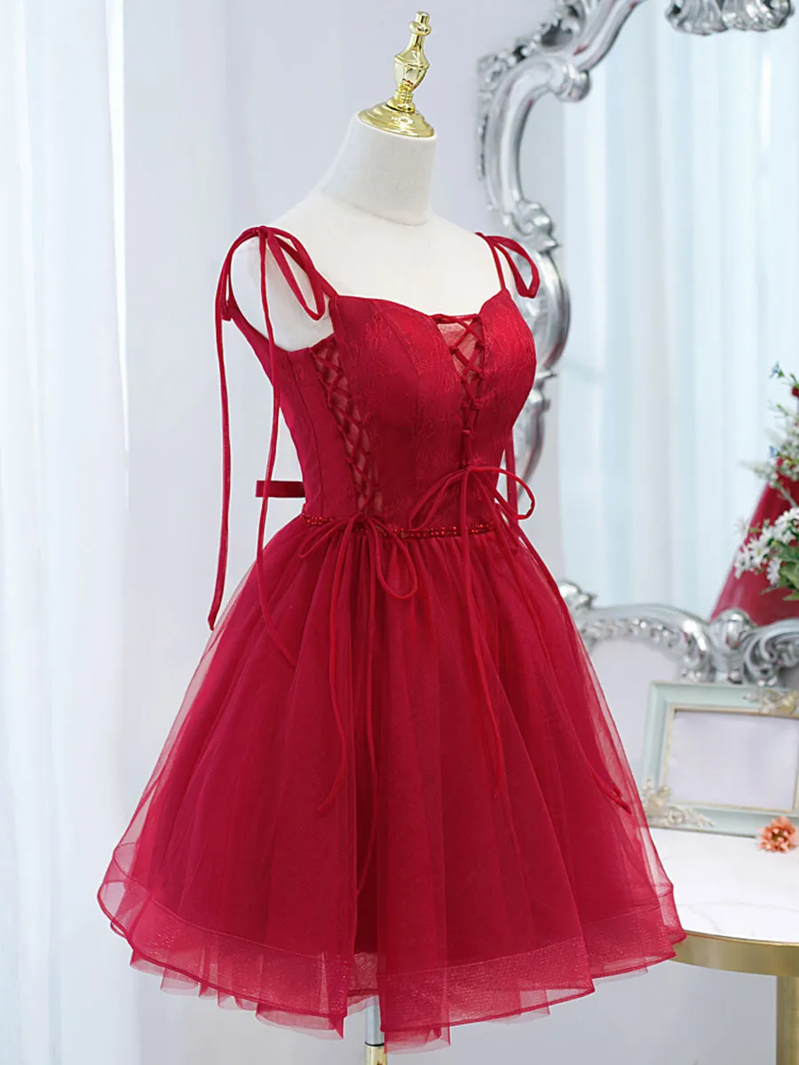 Red Tulle Lace Short Prom Dress Red Lace Puffy Homecoming Dress