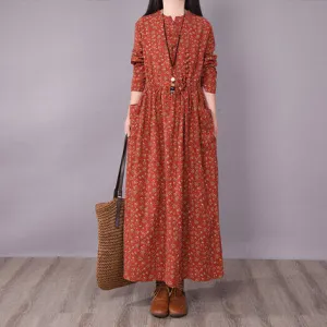 Retro disc button small broken flower casual lace up thin medium and long sleeve big swing dress for women