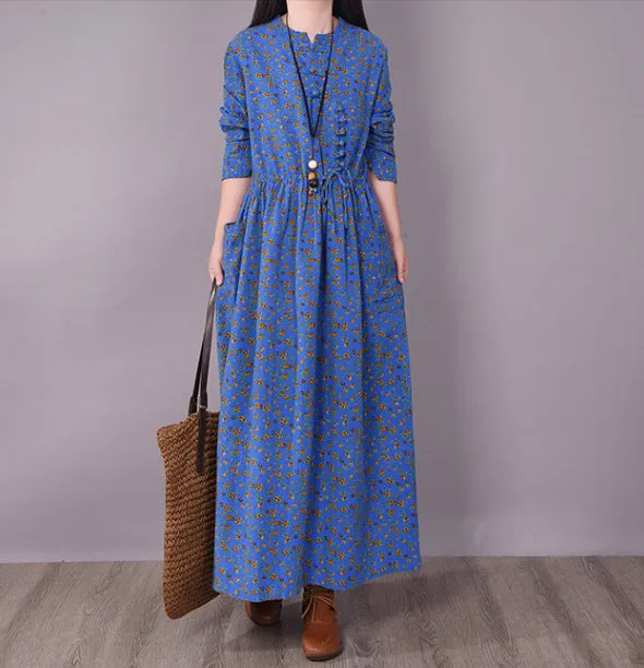 Retro disc button small broken flower casual lace up thin medium and long sleeve big swing dress for women