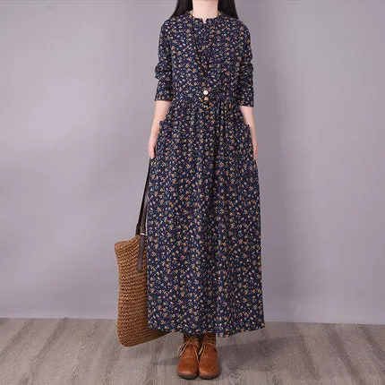 Retro disc button small broken flower casual lace up thin medium and long sleeve big swing dress for women