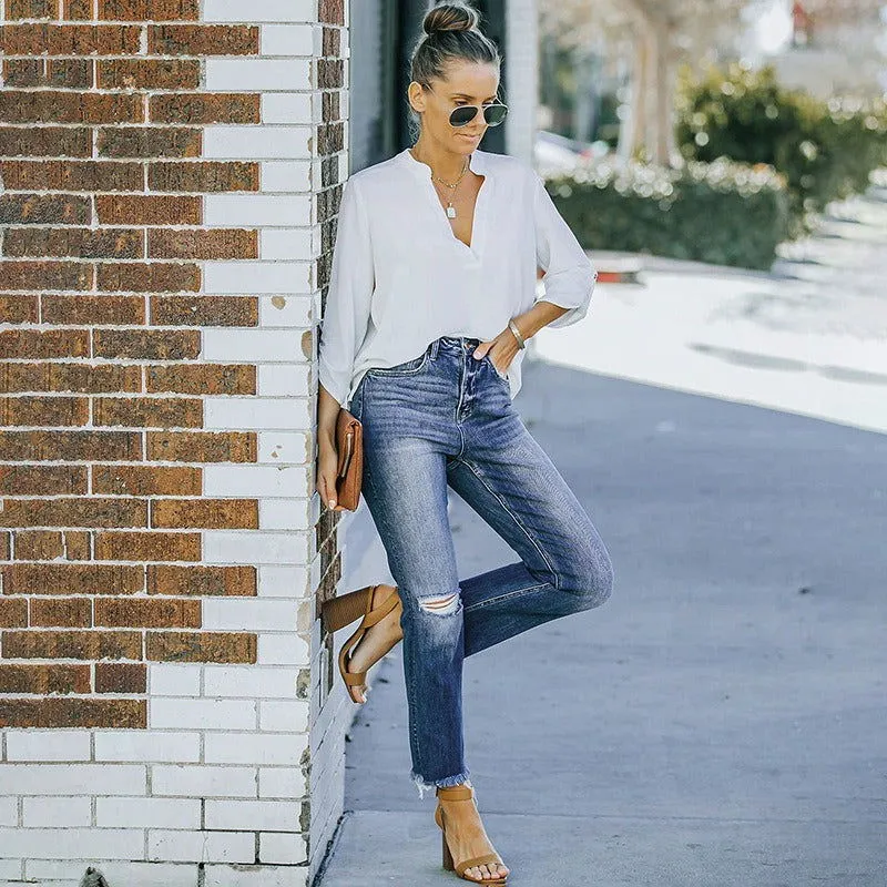 Ripped Knee Ankle-Length Straight Leg Denim Jeans