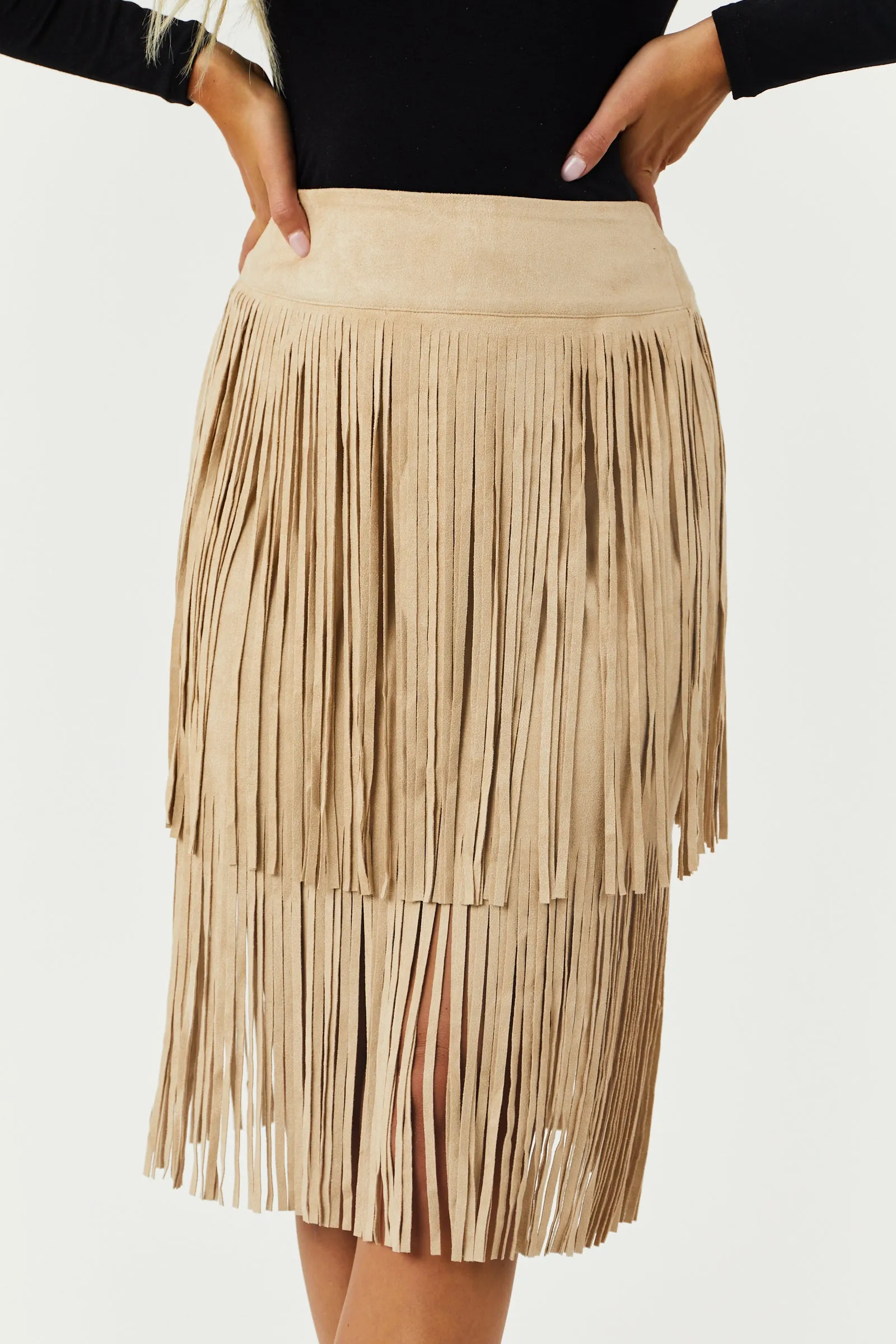 Sand Suede Tiered Fringe Skirt