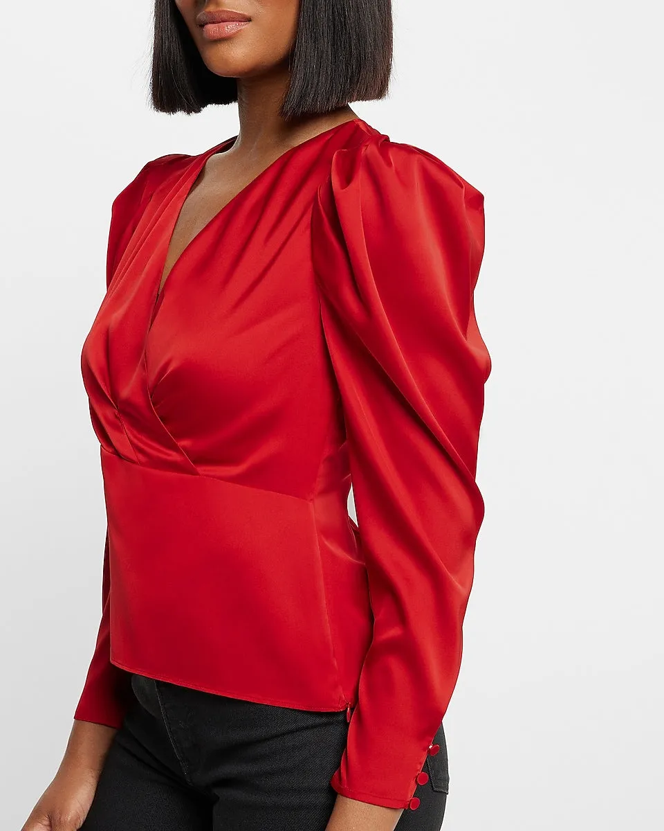 Satin Puff Sleeve Wrap Top in Lipstick Red