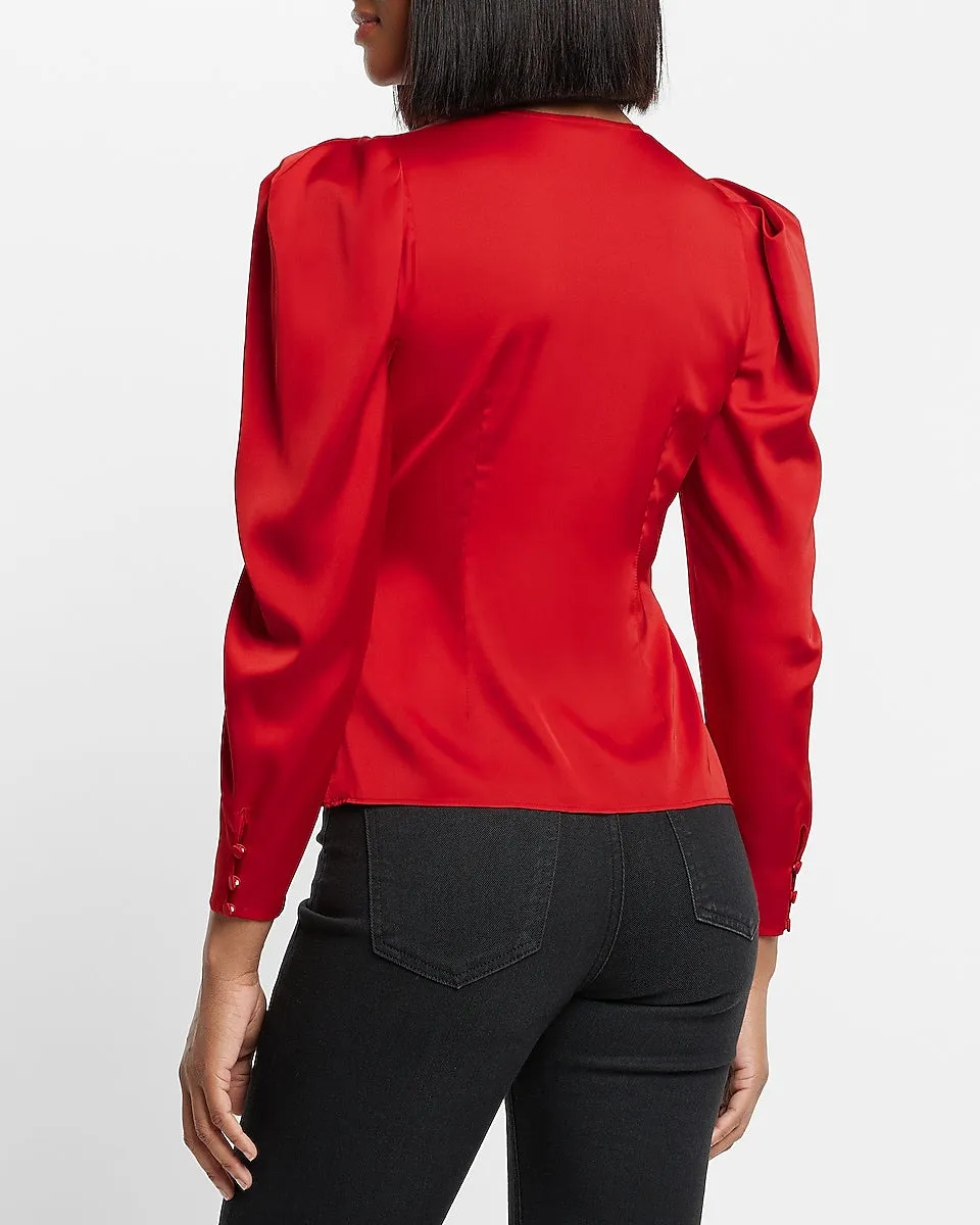 Satin Puff Sleeve Wrap Top in Lipstick Red