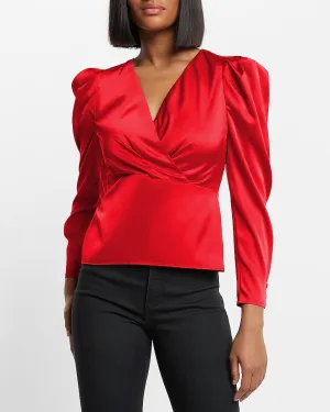 Satin Puff Sleeve Wrap Top in Lipstick Red