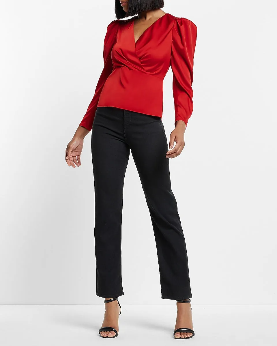 Satin Puff Sleeve Wrap Top in Lipstick Red