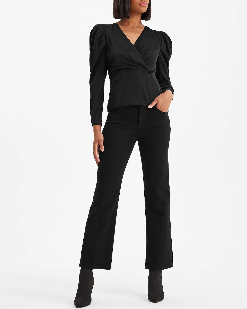 Satin Puff Sleeve Wrap Top in Pitch Black