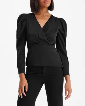 Satin Puff Sleeve Wrap Top in Pitch Black