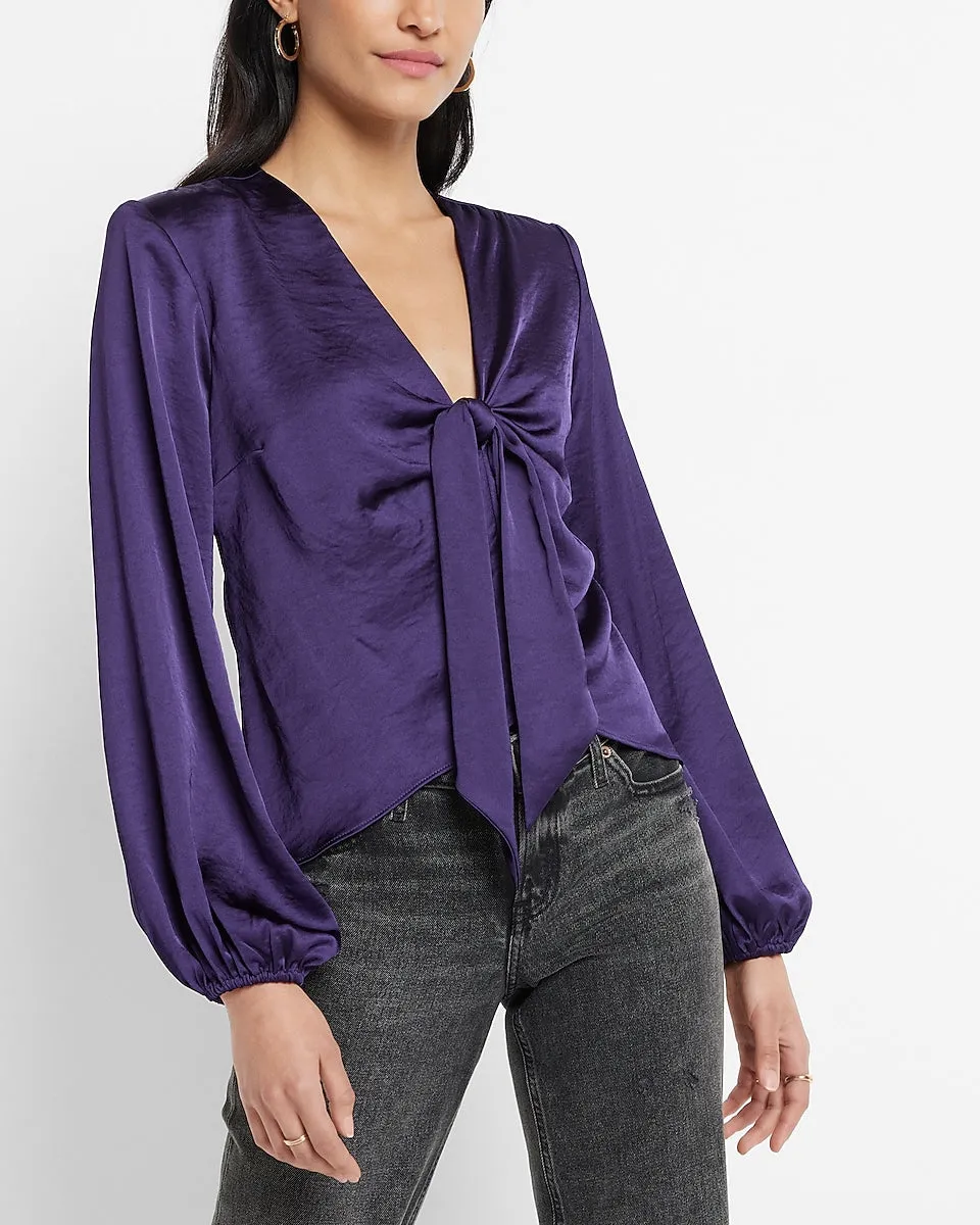 Satin V-Neck Balloon Sleeve Tie Front Top in Olympian