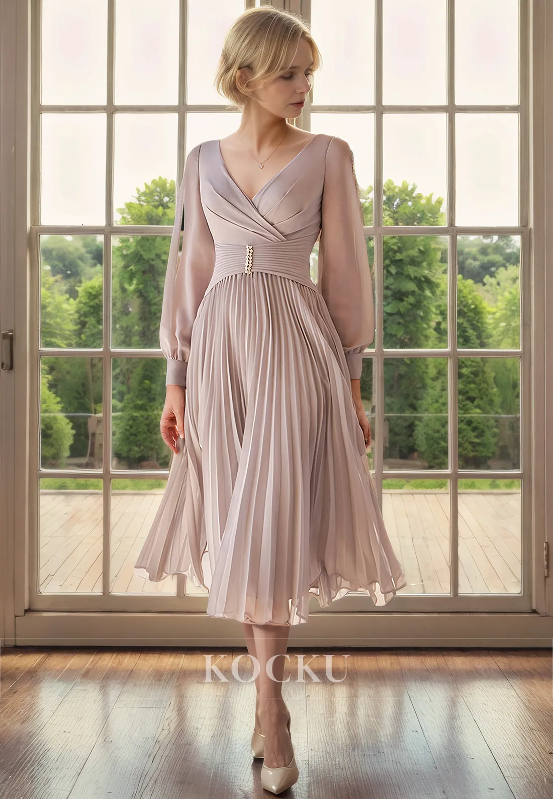 Simple & Casual V-Neck Long sleeves Chiffon Mother of the Bride Dress