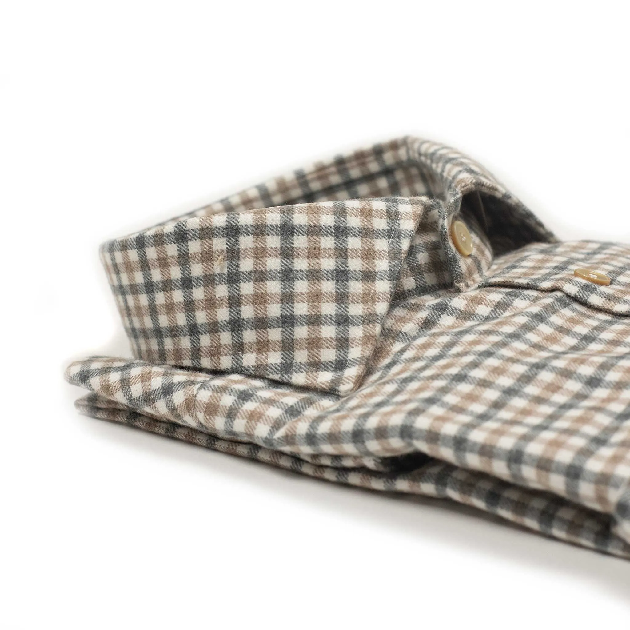 Spread collar shirt in brown and grey gingham cotton