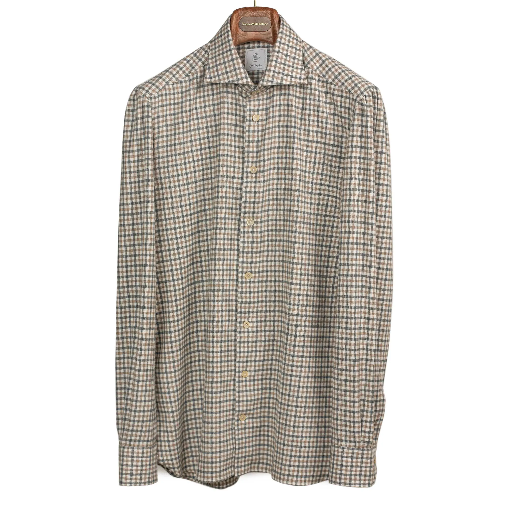 Spread collar shirt in brown and grey gingham cotton