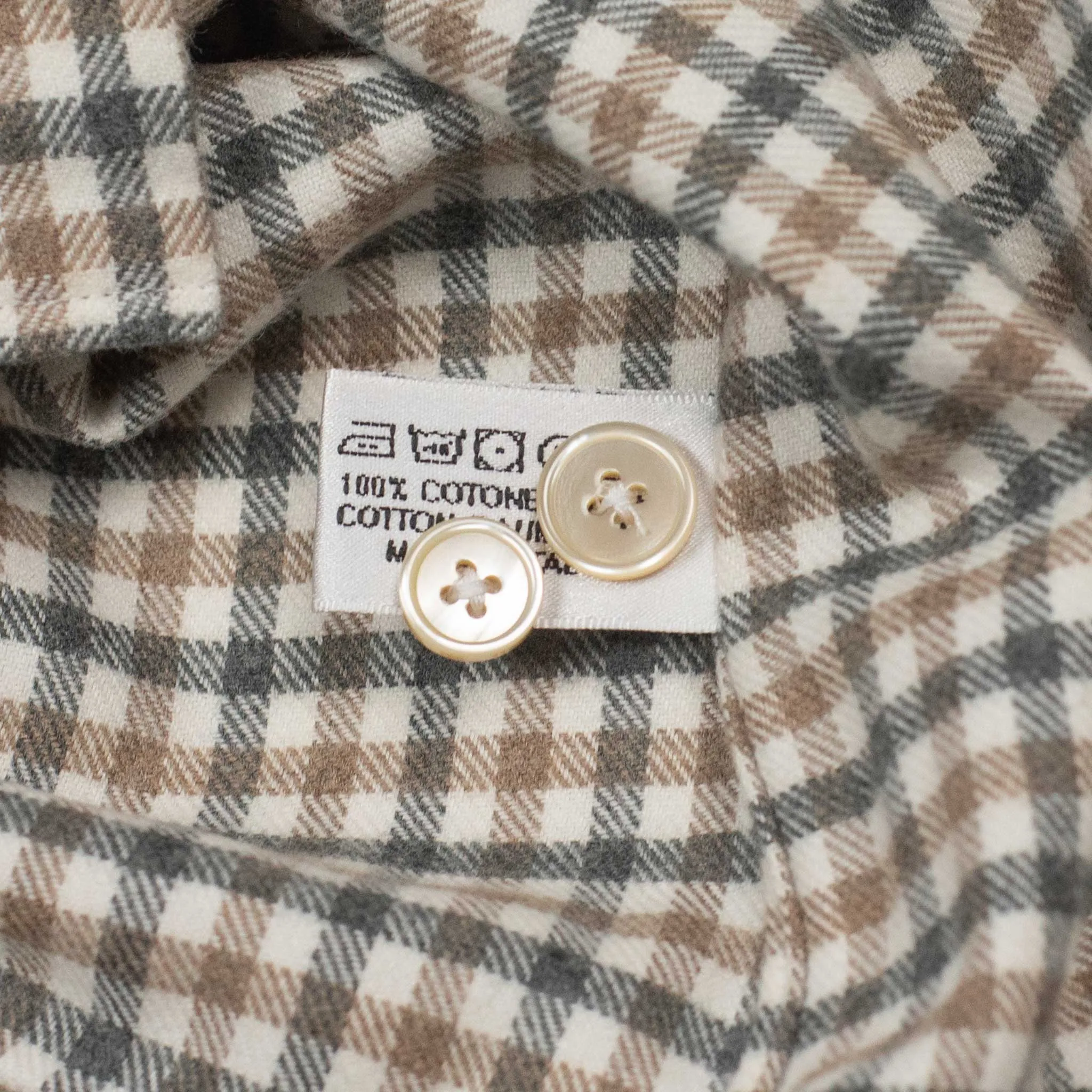 Spread collar shirt in brown and grey gingham cotton